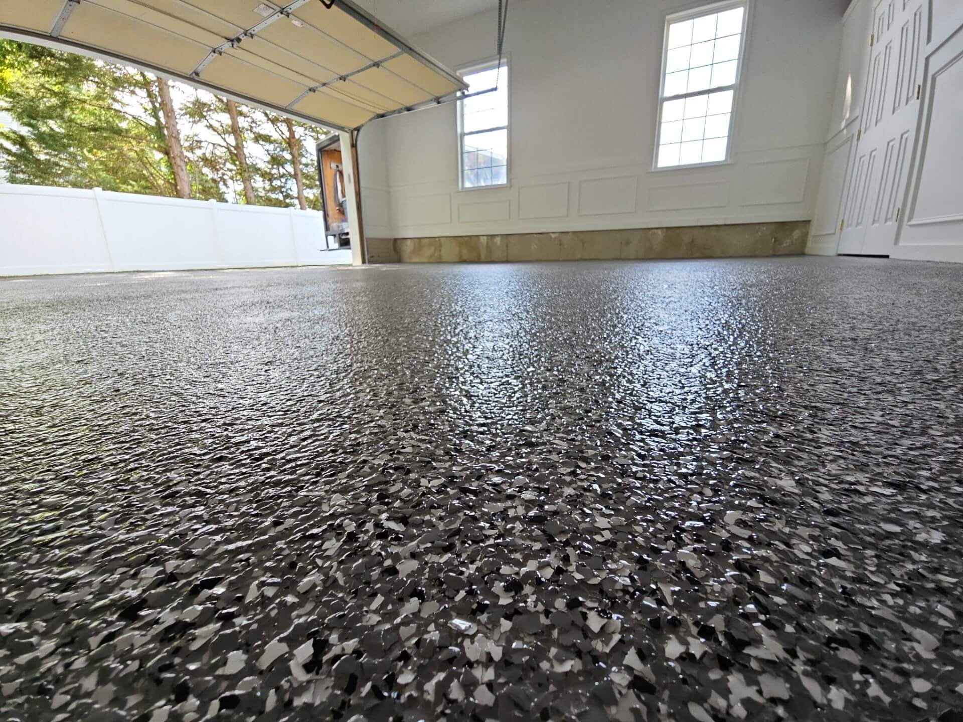 Close-up of decorative flake epoxy coating