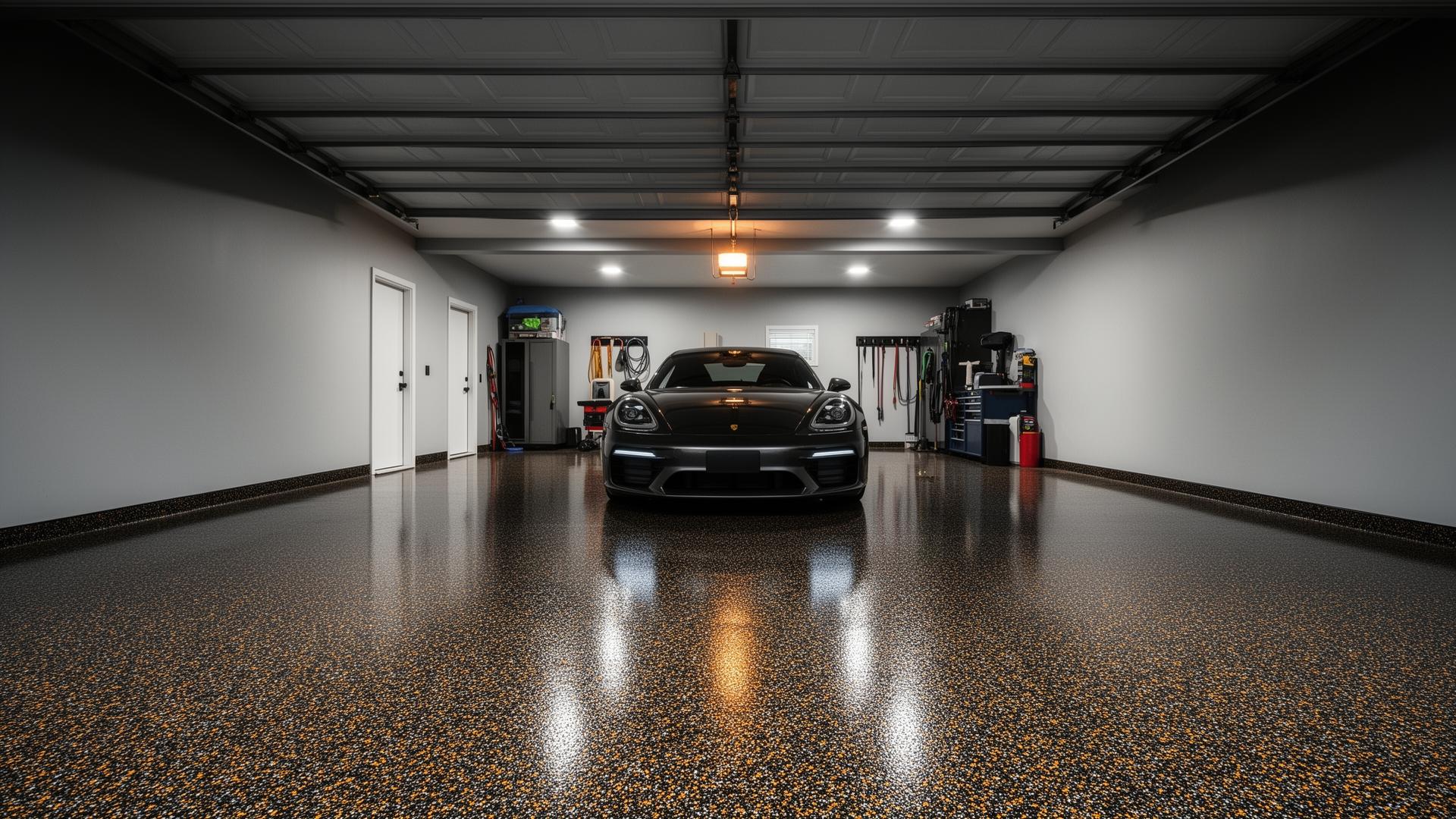 Black orange speckle floor